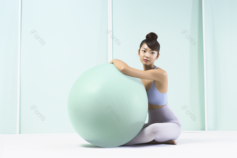 室内绿色墙面一个女人坐地上抱着绿色瑜伽球做瑜伽运动训练健身实拍,高清,摄影图,摄影图片,图片大全,摄影图免费下载